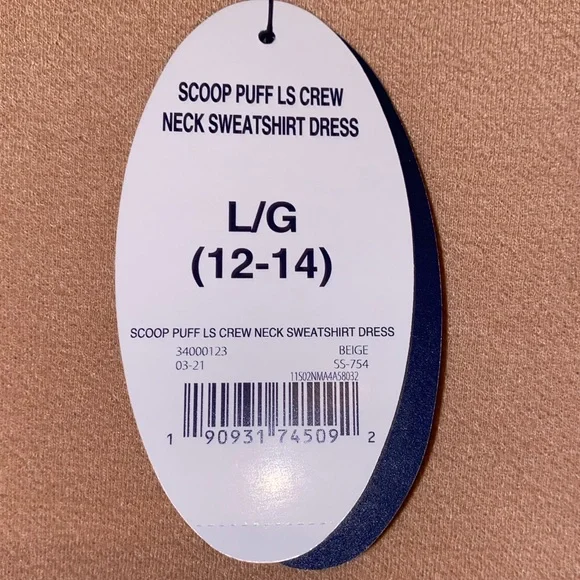 🆕 Scoop Puff Sleeve Crew Neck Sweatshirt Dress Beige Large (Size 12-14) - Picture 7 of 9